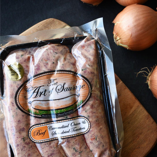 Tassie Beef, Caramelised Onion, Sun-dried Tomato & Cracked Black Pepper Sausages 400g