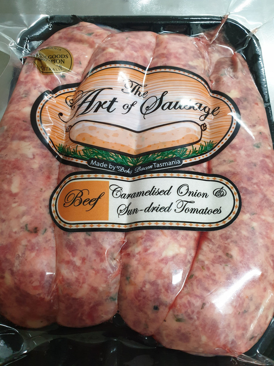 Tassie Beef, Caramelised Onion, Sun-dried Tomato & Cracked Black Pepper Sausages 400g