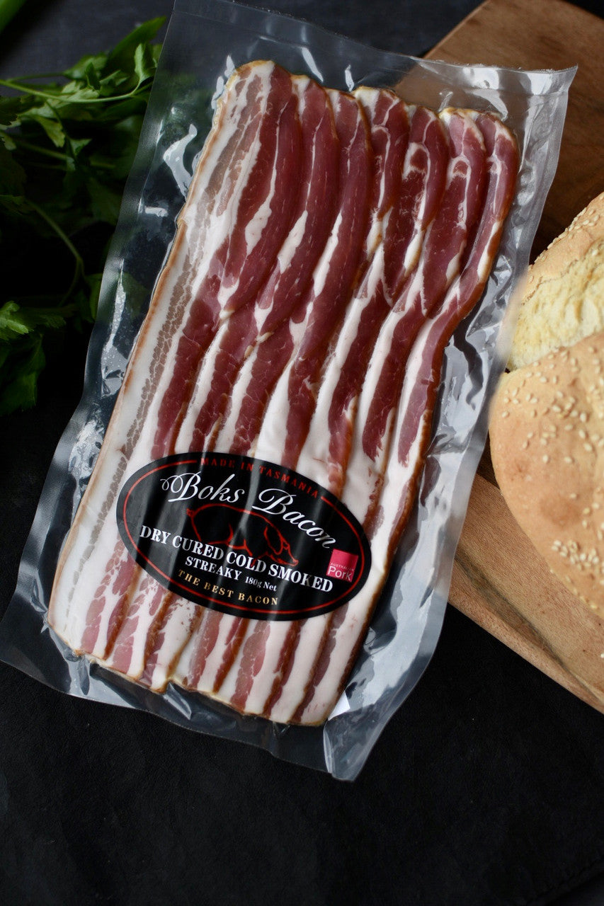 Boks Streaky Bacon (Tasmanian Oak Smoked, Dry Cured) 180g